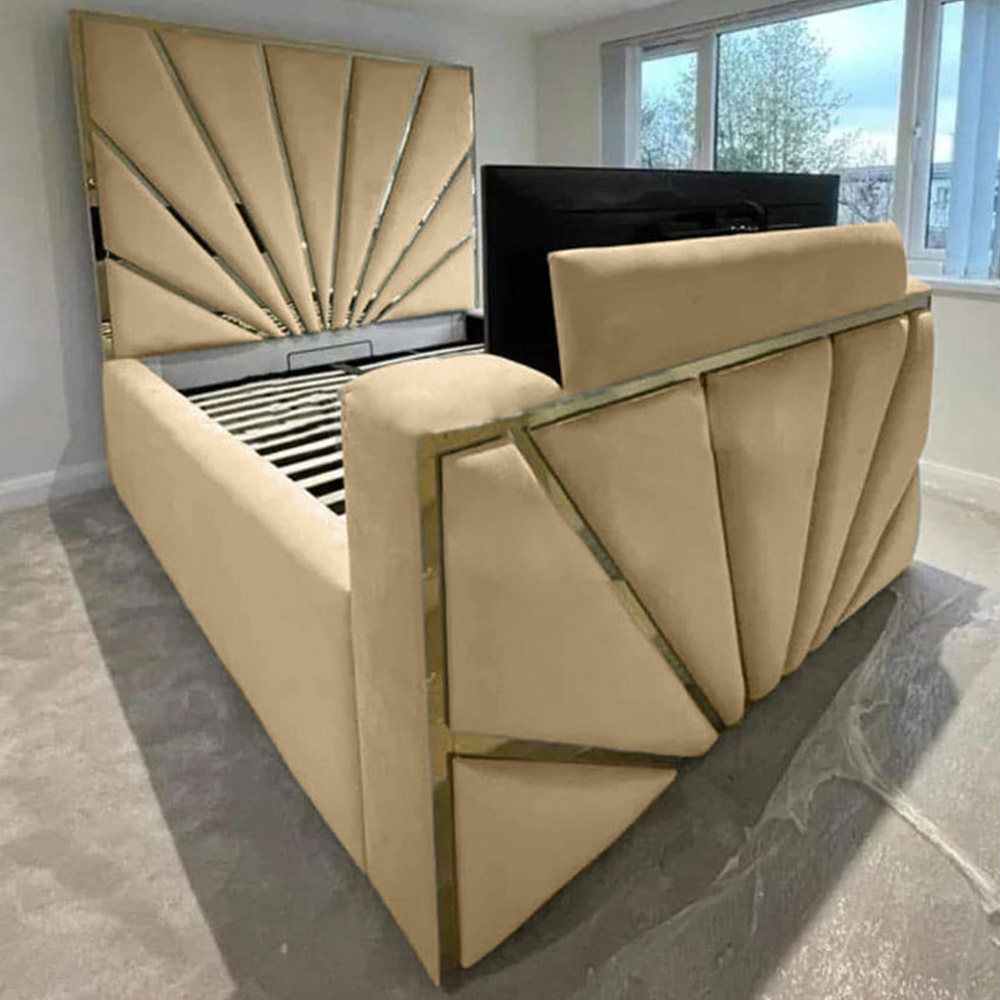 Eleganza Home Leniva King Size Beige Plush TV Bed Frame with Headboard and Footboard Image 1