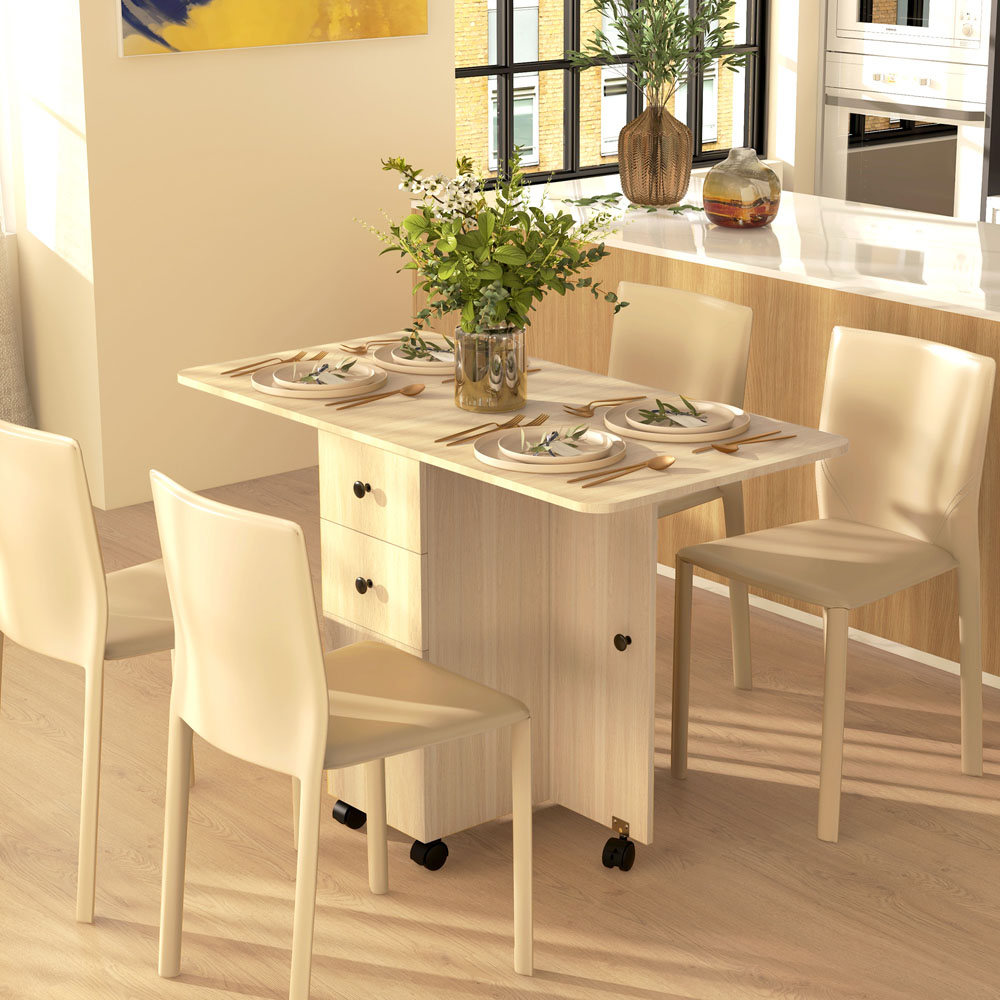 HOMCOM 6 Seater Natural Wood Drop Leaf Dining Table Image 5