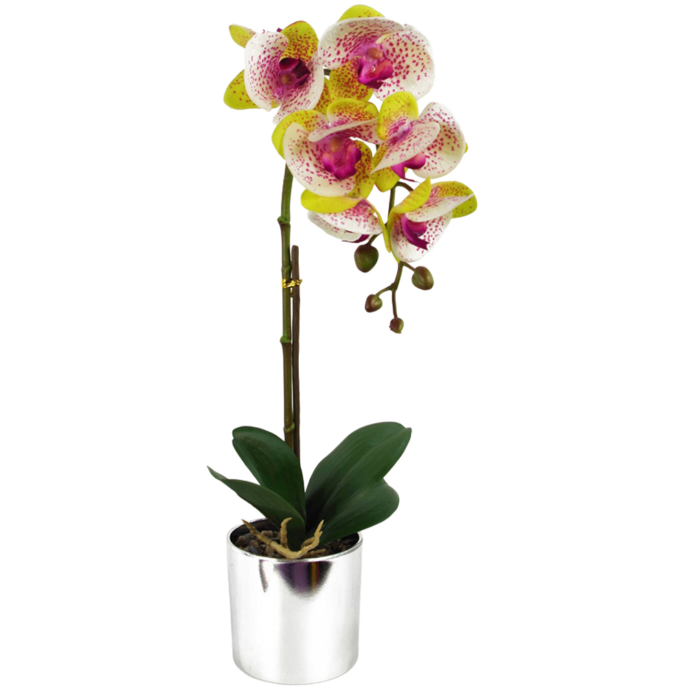 Leaf Harlequin Pink Orchid Artificial Plant in Silver Pot 46cm Image 1