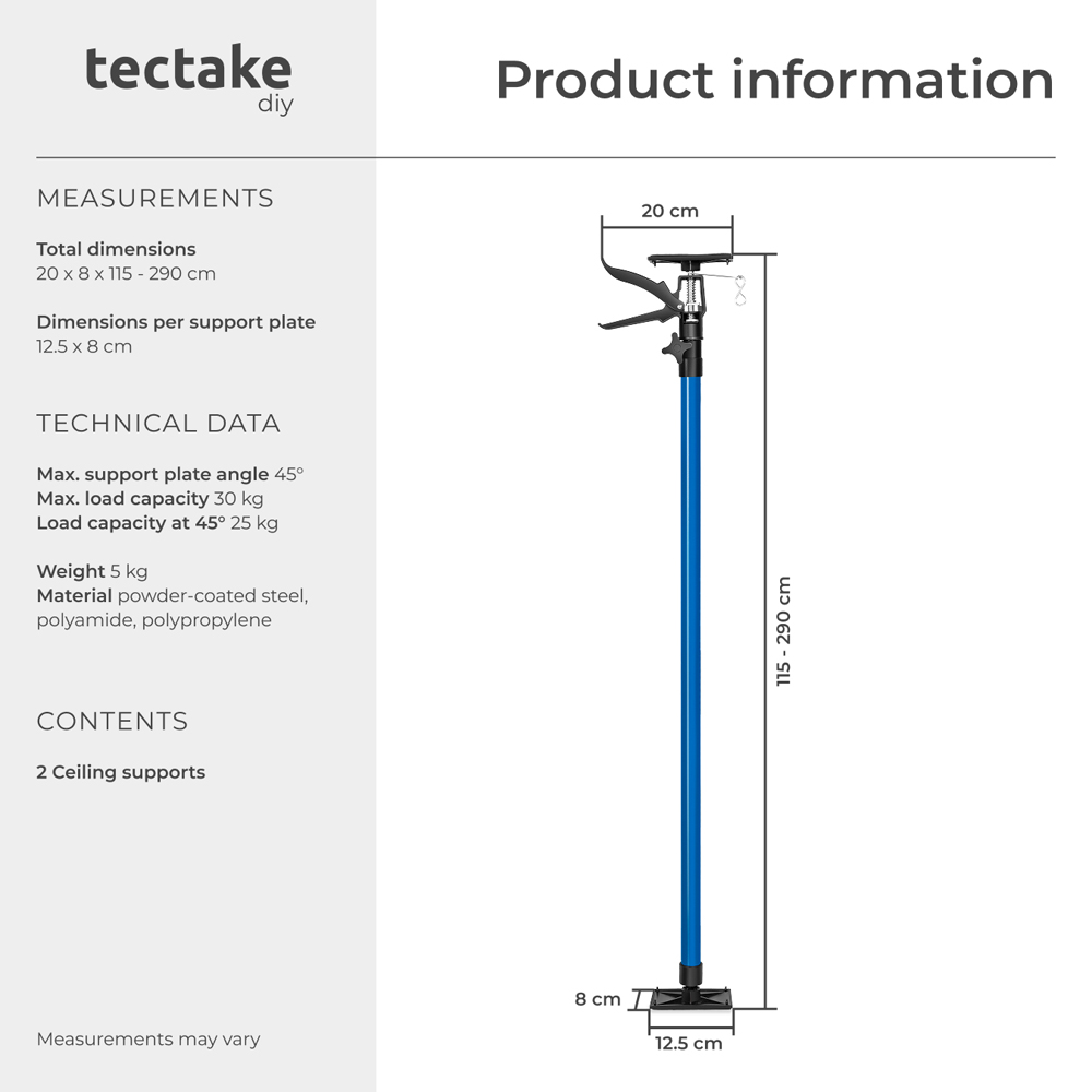 tectake Blue Adjustable Ceiling Support Shore Holder Plasterboard Props 115 to 290cm 2 Pack Image 8