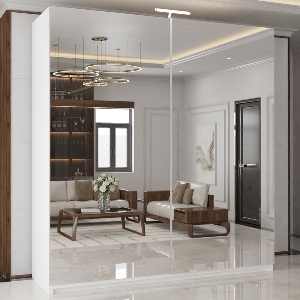 M N Furniture Modern 2 Door White Mirrored Sliding Wardrobe 200cm Image 1