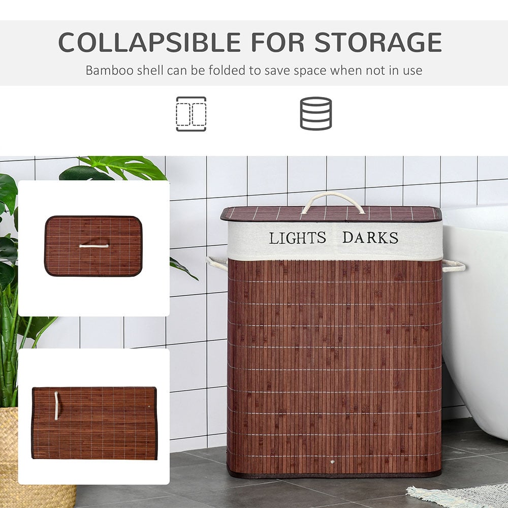 HOMCOM 2 Section Brown Collapsible Laundry Hamper Image 5
