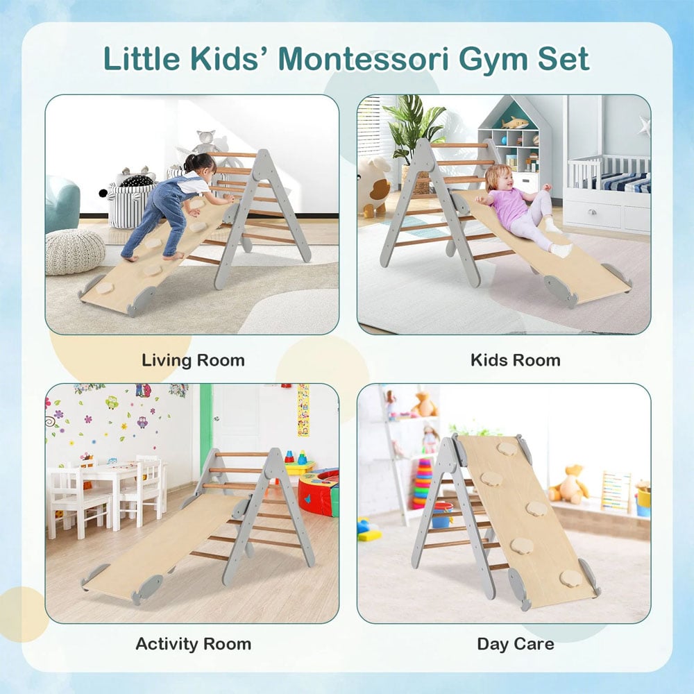 Costway Kids 2 in 1 Grey Wooden Climbing Ladder with Ramp Image 7