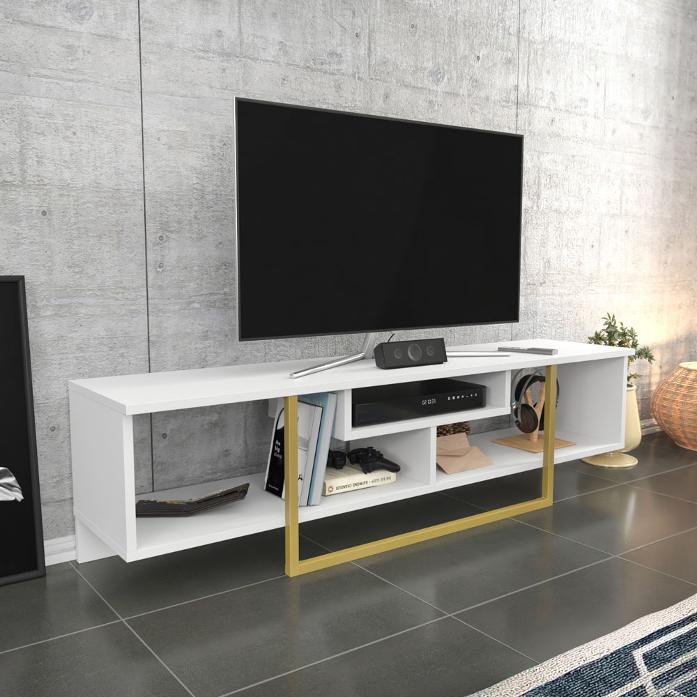 Decorotika Asal 3 Shelf White and Gold Modern TV Unit Image 4