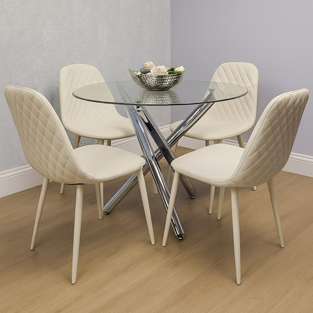 Kosy Koala 4 Seater Clear Glass Faux Leather Gem Pattern Round Dining Set Cream Image 1