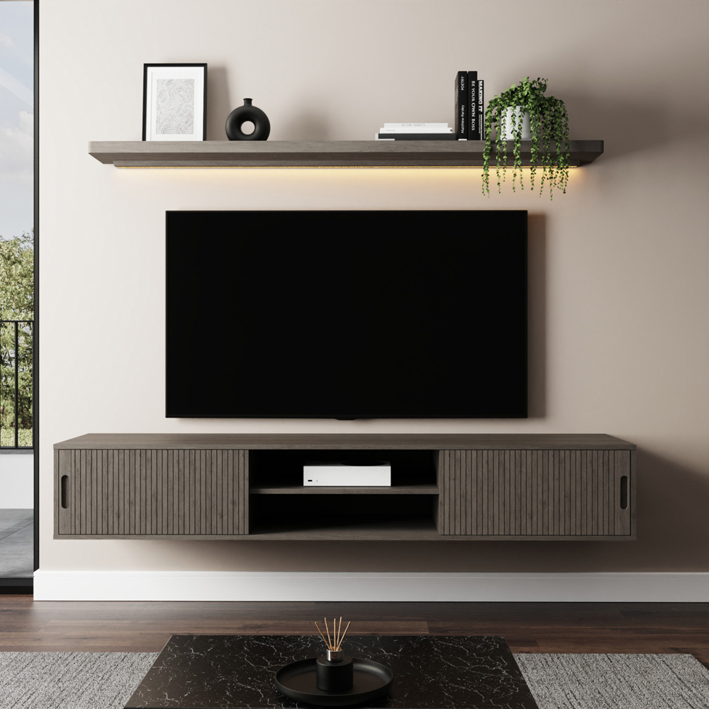 GFW Nina 2 Door 2 Shelf Grey Wall Mounted TV Unit with LED Wall Shelf Image 6