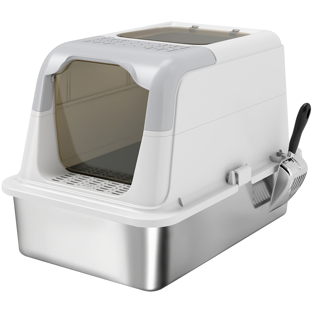PawHut Stainless Steel Enclosed Litter Box with Metal Litter Tray with Scoop Image 1