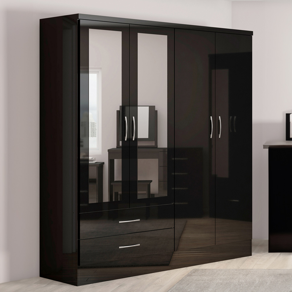 Seconique Nevada 4 Door 2 Drawer Black Gloss Mirrored Wardrobe Image 1