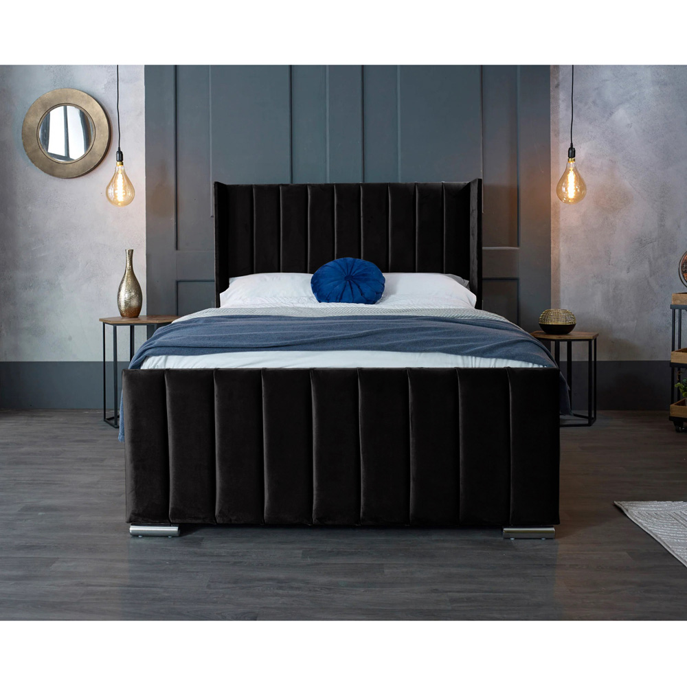 Eleganza Home Meriso Super King Size Black Plush Velvet Bed Frame with Winged Headboard Image 4