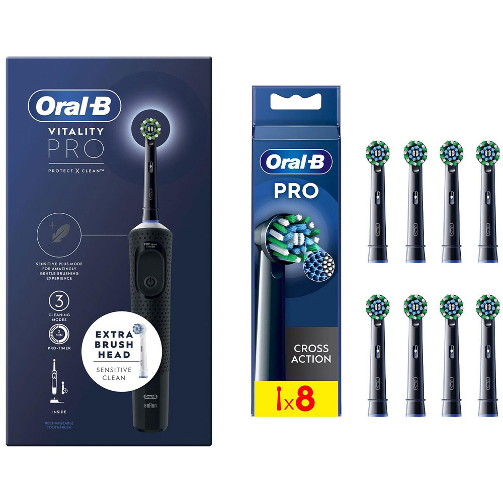 Oral-B Vitality Pro Electric Rechargeable Toothbrush with 8 Cross Action Black Refill Head Image 1