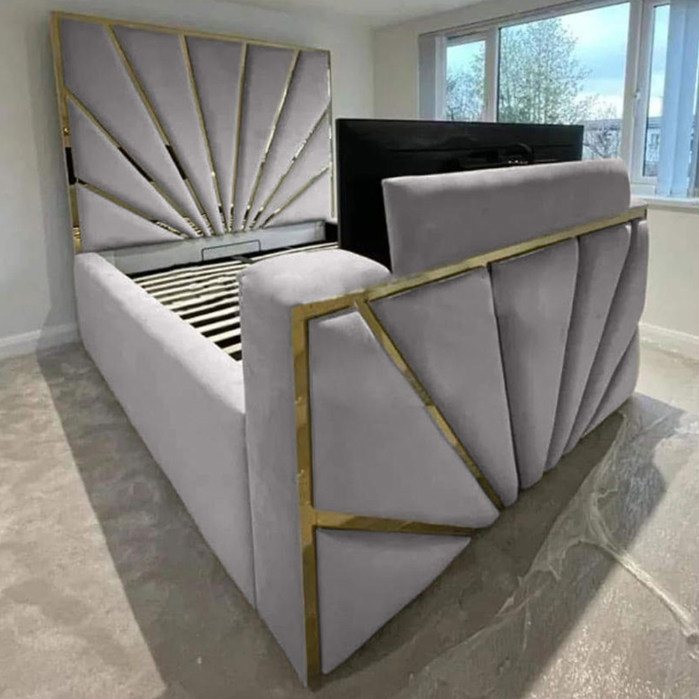 Eleganza Home Leniva King Size Silver Plush TV Bed Frame with Headboard and Footboard Image 1