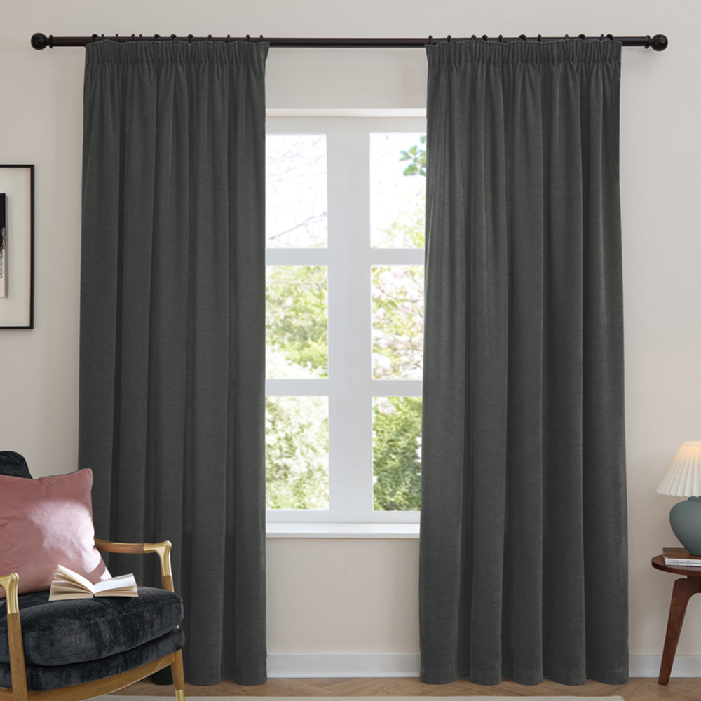Furn Soft Chenille Charcoal Blackout Pencil Pleat Curtains 117 x 183cm Image 1