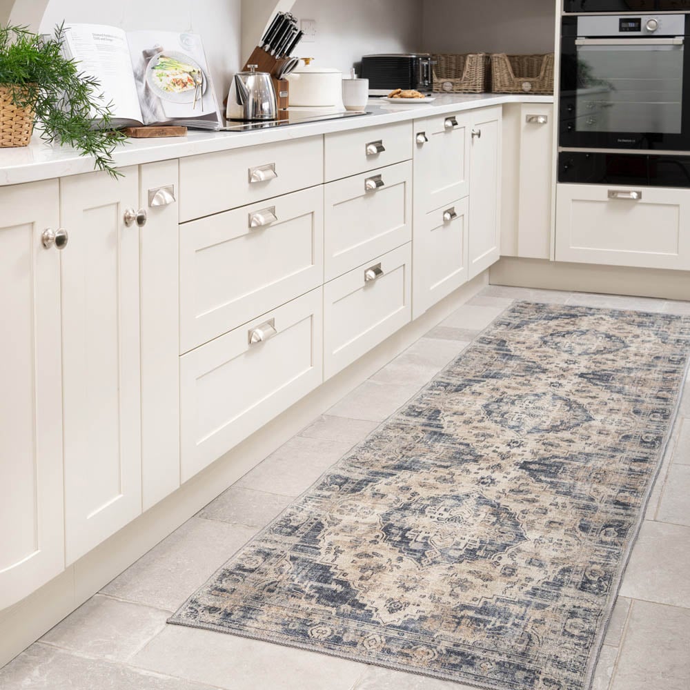 Kukoon Beige and Blue Distressed Vintage Medallion Rug 240 x 60cm Image 2