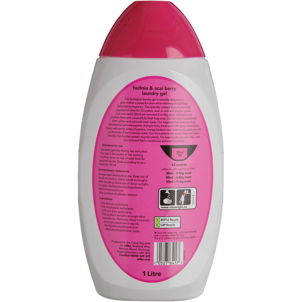 Wilko Biological Fuchsia and Acai Berry Laundry Gel 33 Washes 1L Image 2