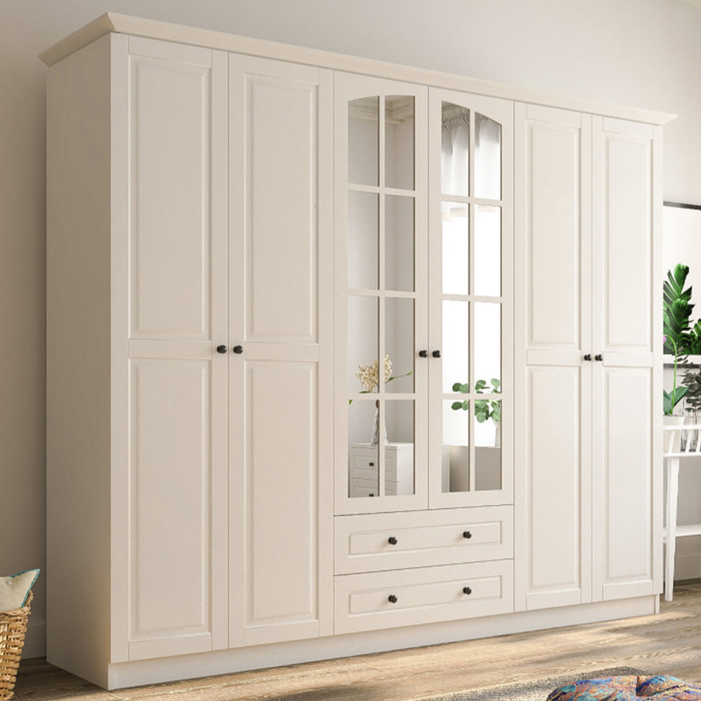 Evu MAISON 6 Door 2 Drawer White Mirror Wardrobe Image 1