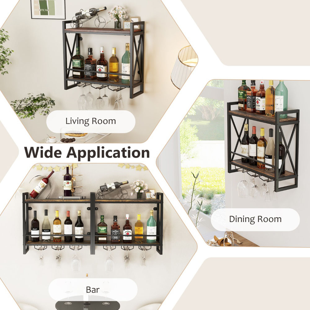 Costway 2 Shelf Wall Mounted Metal Wine Rack with 3 Glass Holders Image 5