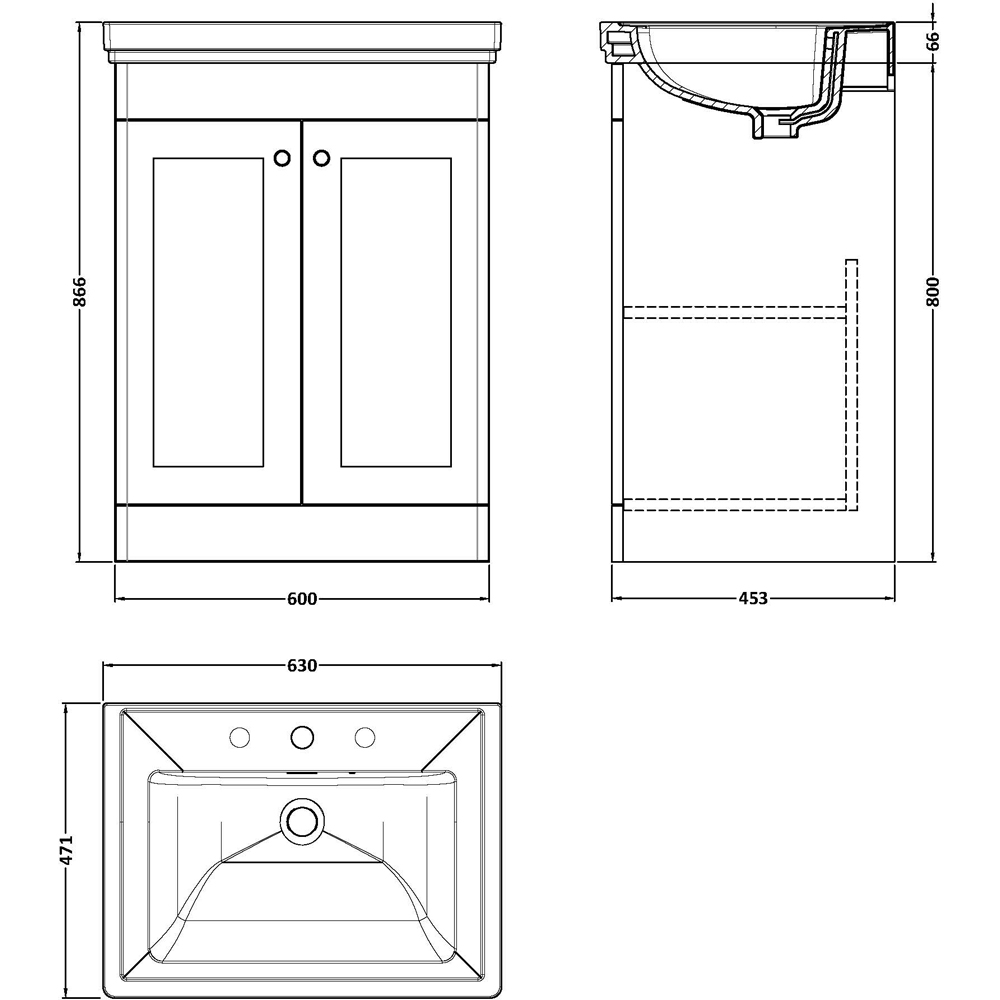 nuie Classique 2 Door Satin Grey Floor Standing Vanity Unit and 3 Tap Hole Fireclay Basin 600mm Image 2