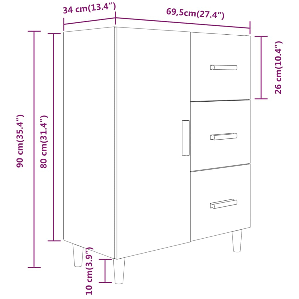 vidaXL Single Door 3 Drawer Sonoma Oak Sideboard with Wooden Legs Image 9