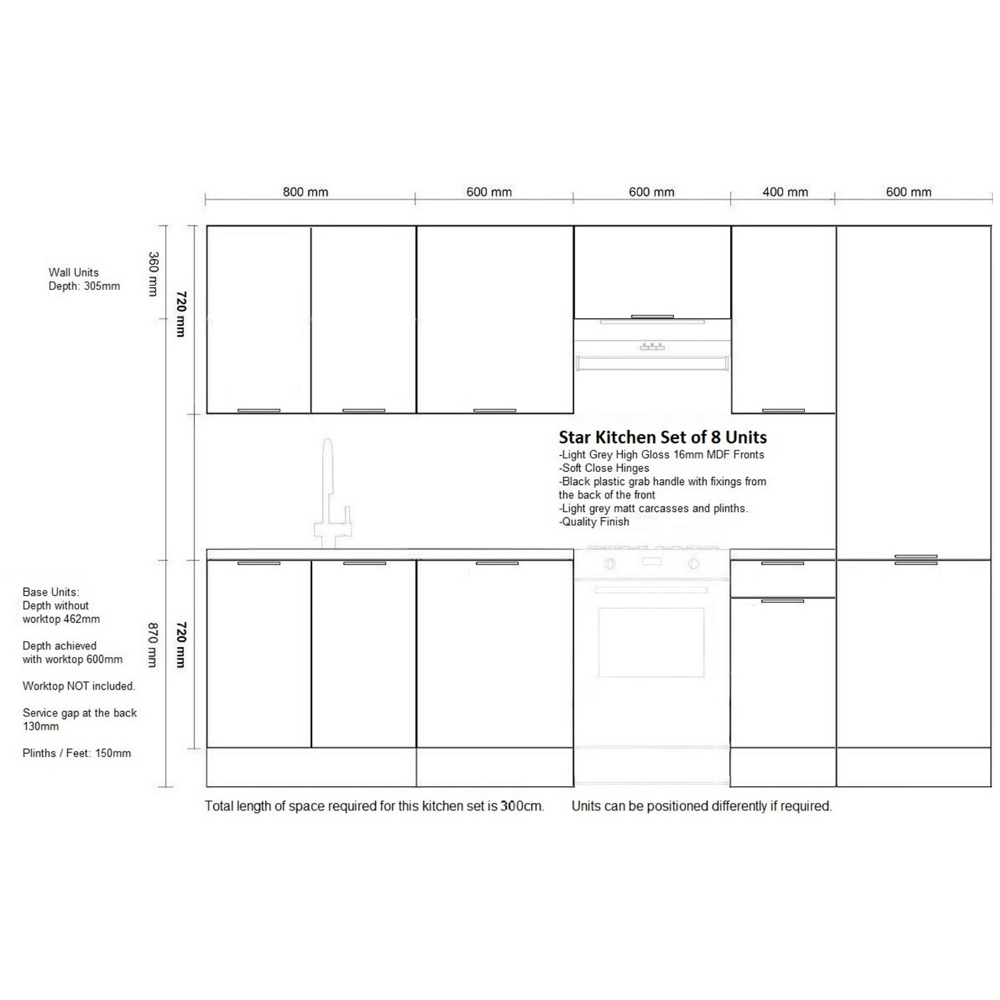 Impact Furniture Star Light Grey Gloss Kitchen Cabinet Unit Set of 8 Image 3
