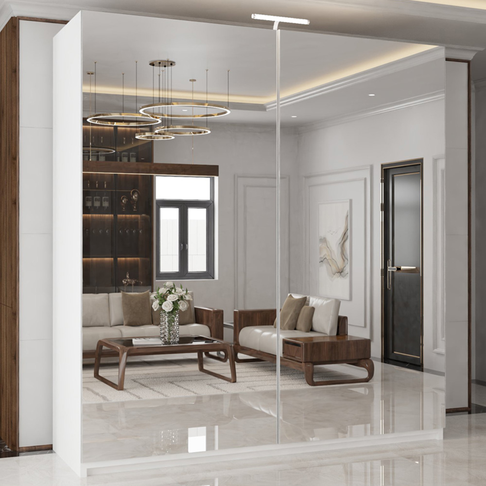 M N Furniture Modern 2 Door White Mirrored Sliding Wardrobe 150cm Image 1