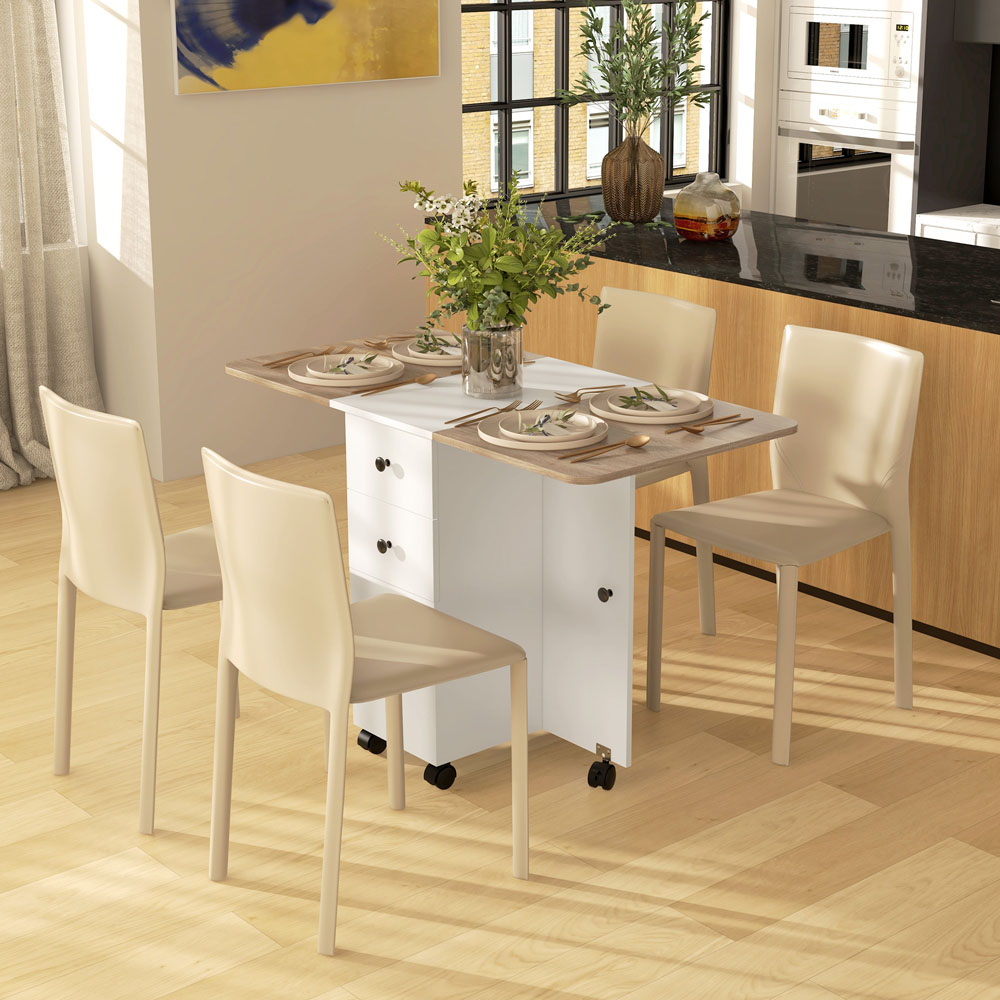 HOMCOM 6 Seater Oak and White Drop Leaf Dining Table Image 5