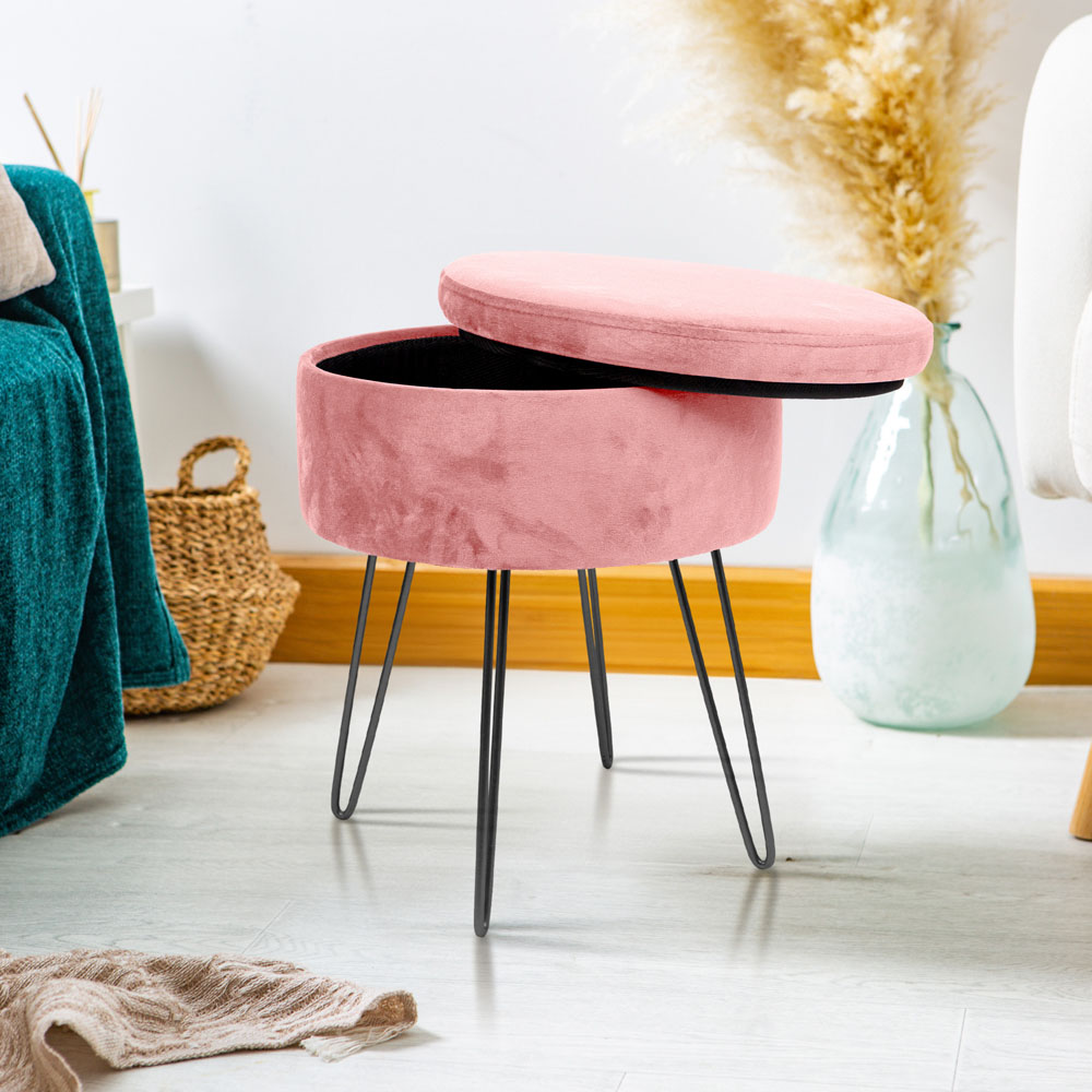 Harbour Housewares Pink and Black Velvet Round Footstool with Storage Image 4