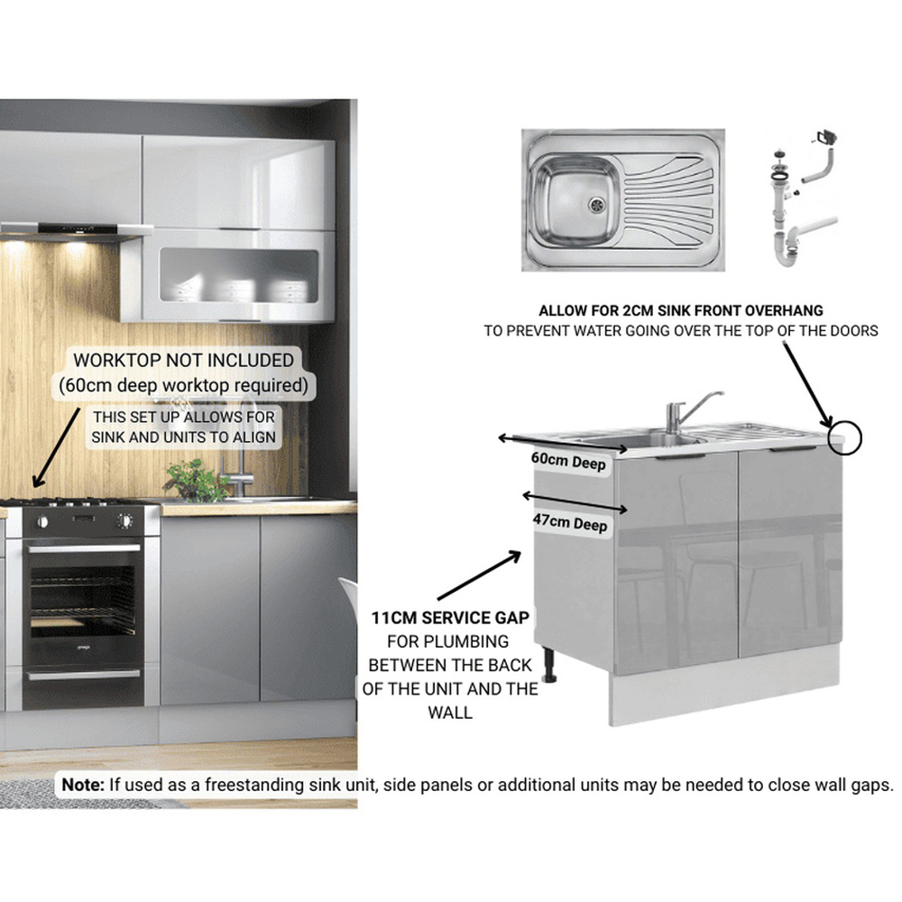 Impact Furniture Star Light Grey Gloss Freestanding Kitchen Sink Base Unit with Sit On Sink 800mm Image 2
