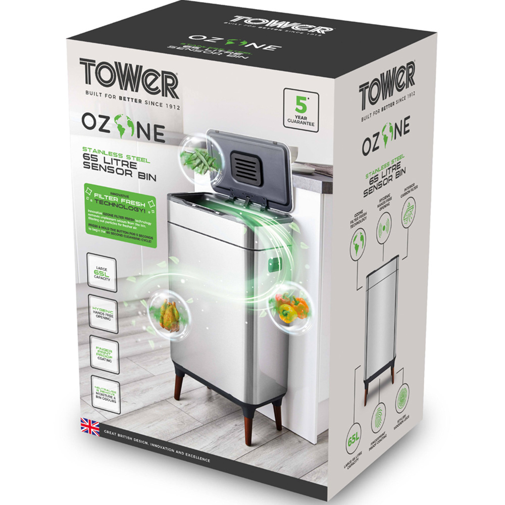 Tower Ozone Filter Silver Stainless Steel Sensor Bin 65L Image 2