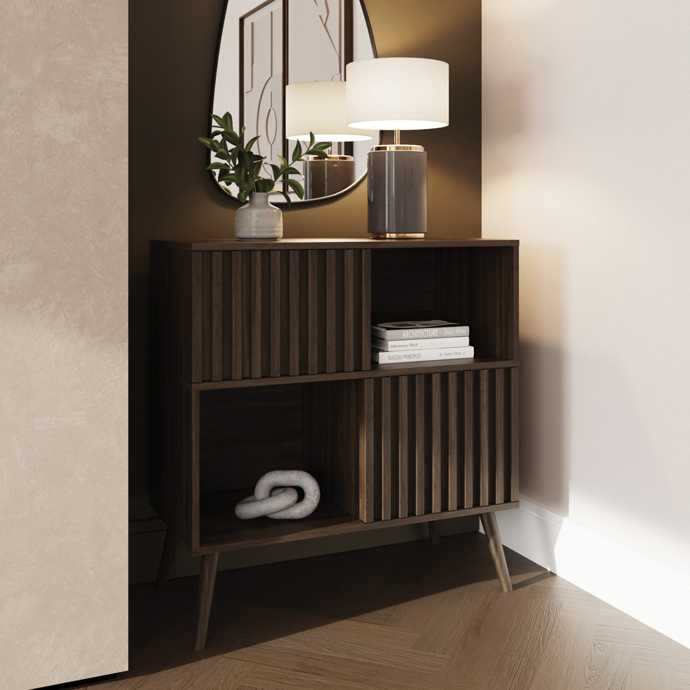 GFW Rowan 2 Door 2 Shelf Walnut Slatted Compact Sideboard Image 8