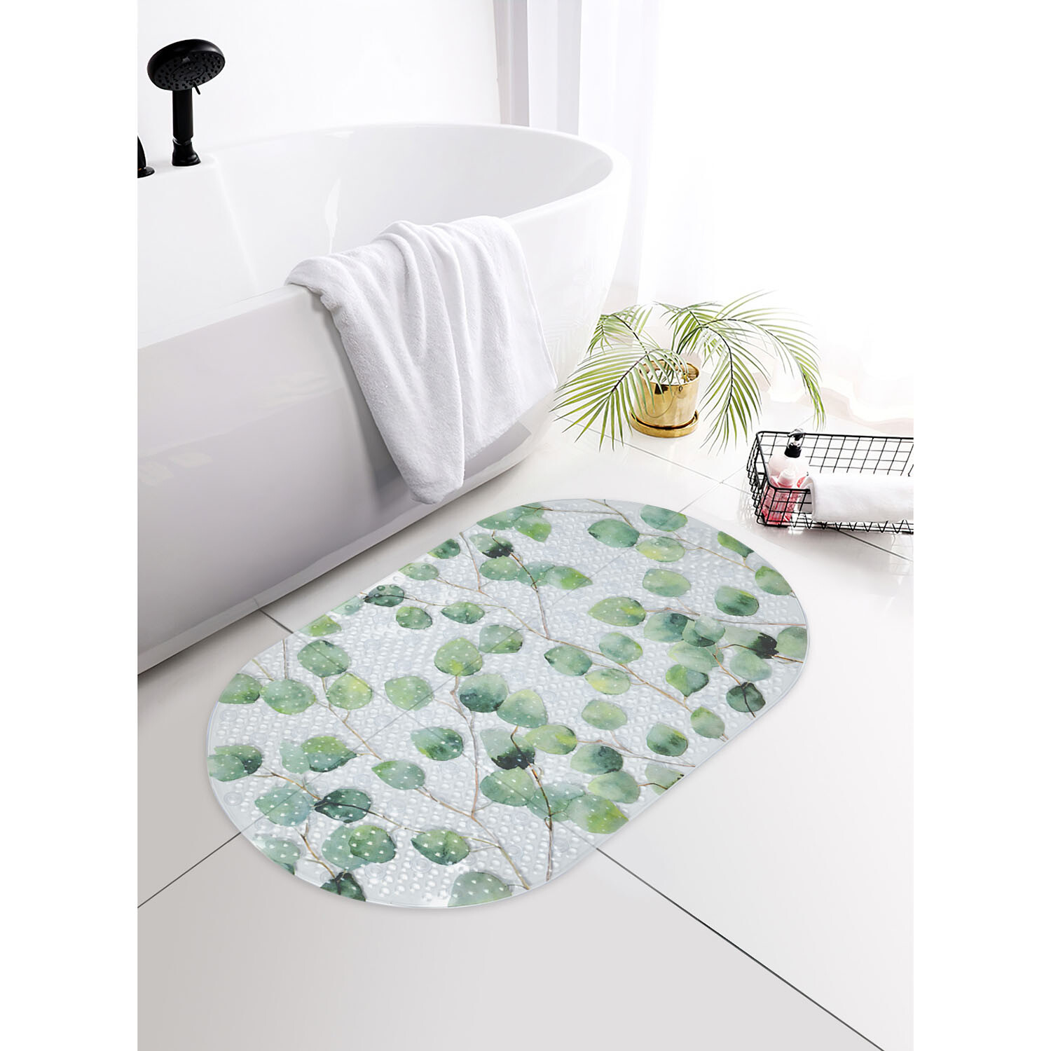 Eucalyptus PVC Bath Mat Green and White Image 2