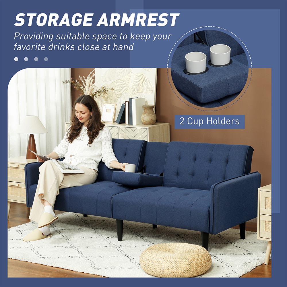 HOMCOM 3 Seater Dark Blue Upholstered Sofa Bed with Storage Image 8