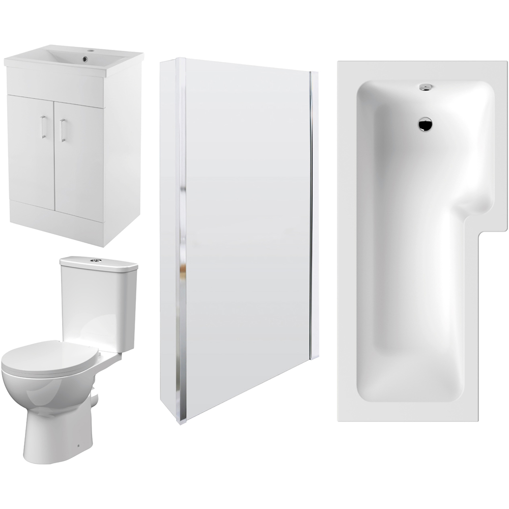 nuie 1700 x 850mm Right Hand Square Shower Bath with Screen Vanity Unit Pan and Cistern Set Image