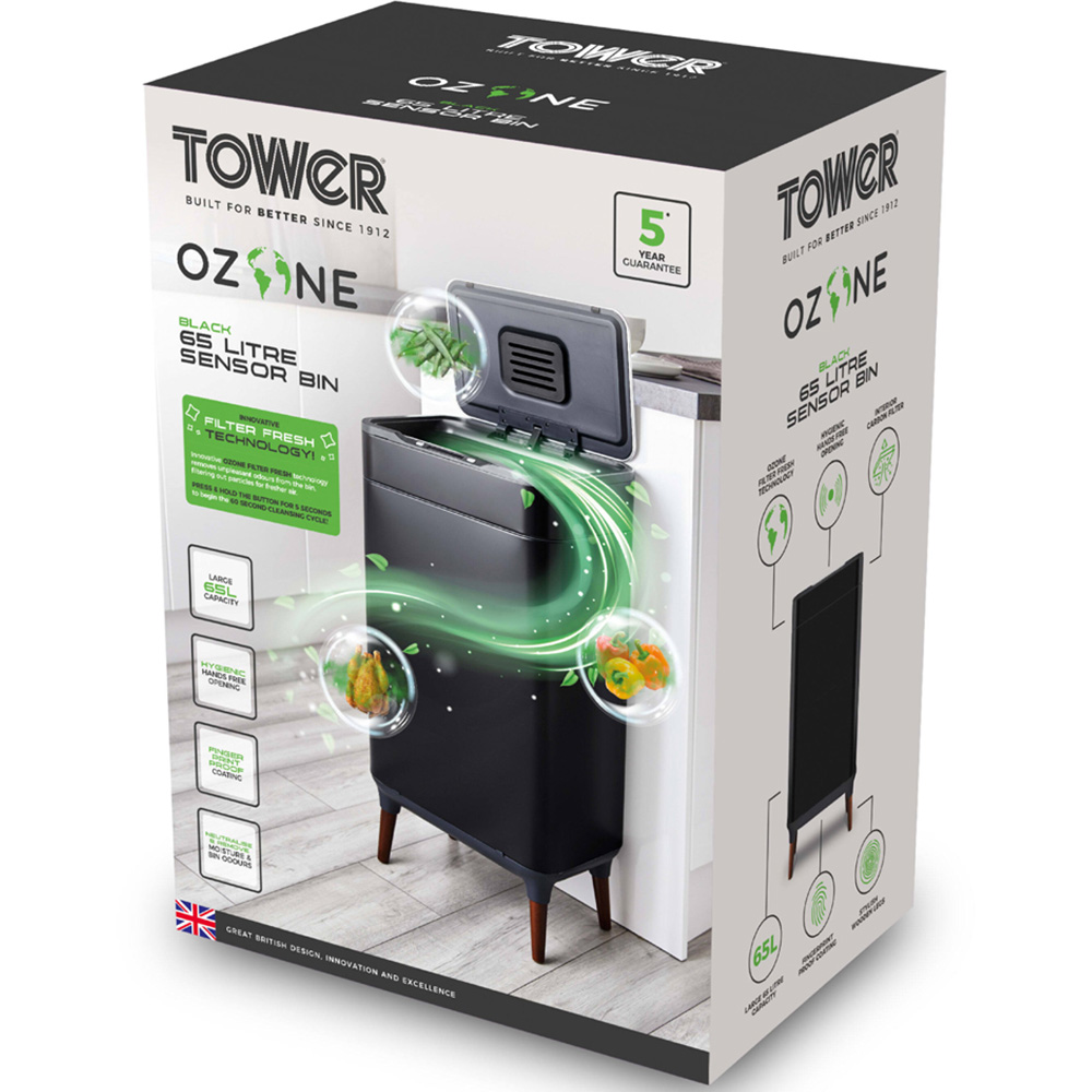 Tower Ozone Filter Black Stainless Steel Sensor Bin 65L Image 2