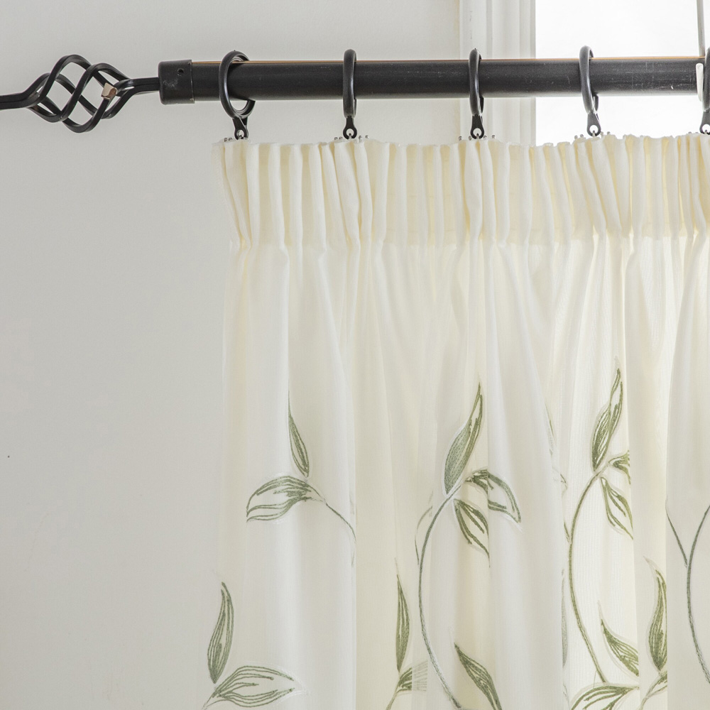 Alan Symonds Leaf Embroidered Sage Pencil Pleat Tulle Voile Curtains 147 x 183cm Image 2