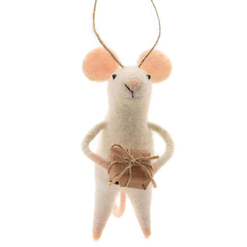 The Christmas Gift Co White Felt Mouse with Gift Decoration Small Image 1