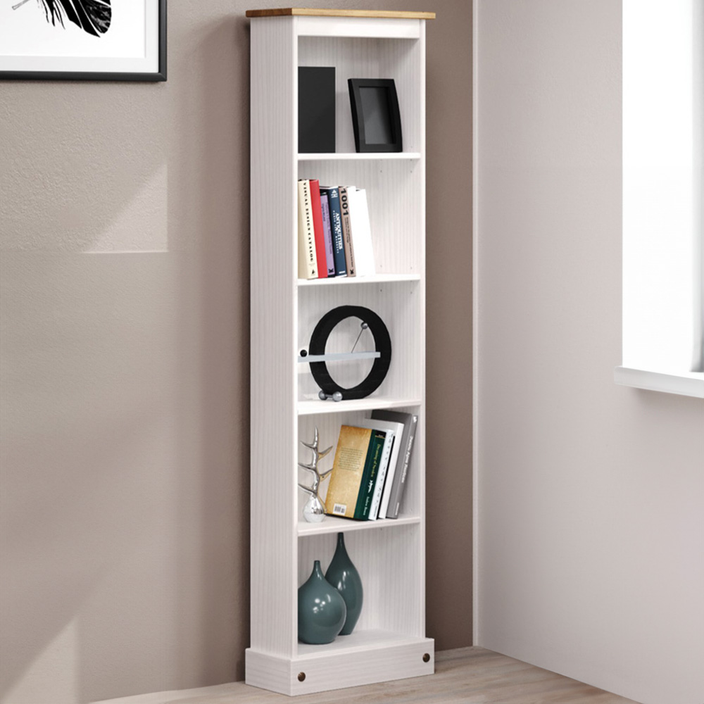 Corona 5 Shelf White Washed Wax Finish Tall Narrow Bookcase Image 1