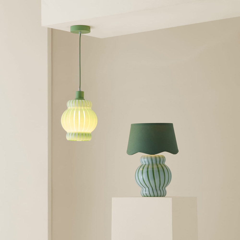 ValueLights Taffy Sage Scallop Shade Green Stripe Glass Table Lamp with Bulb Image 6
