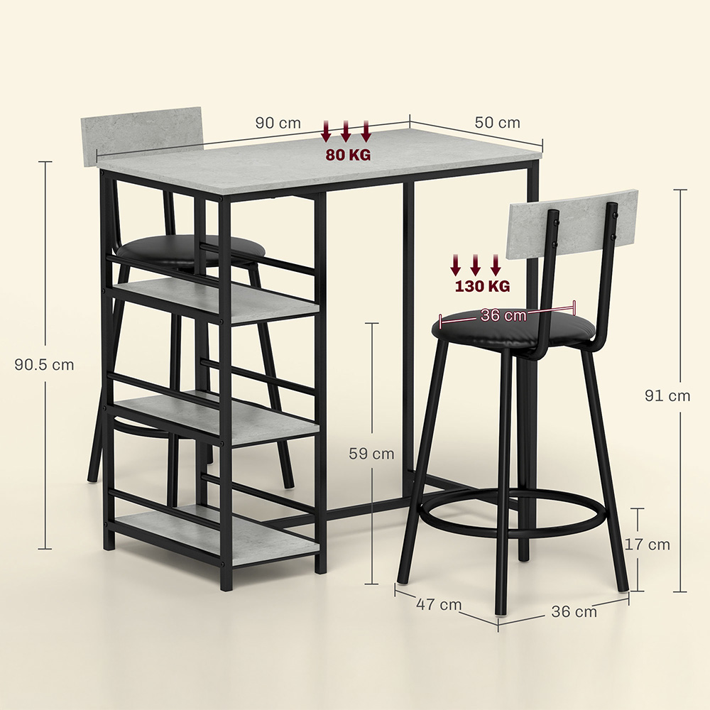 HOMCOM 2 Seater 3 Shelf Light Grey Breakfast Bar Table Set Image 9