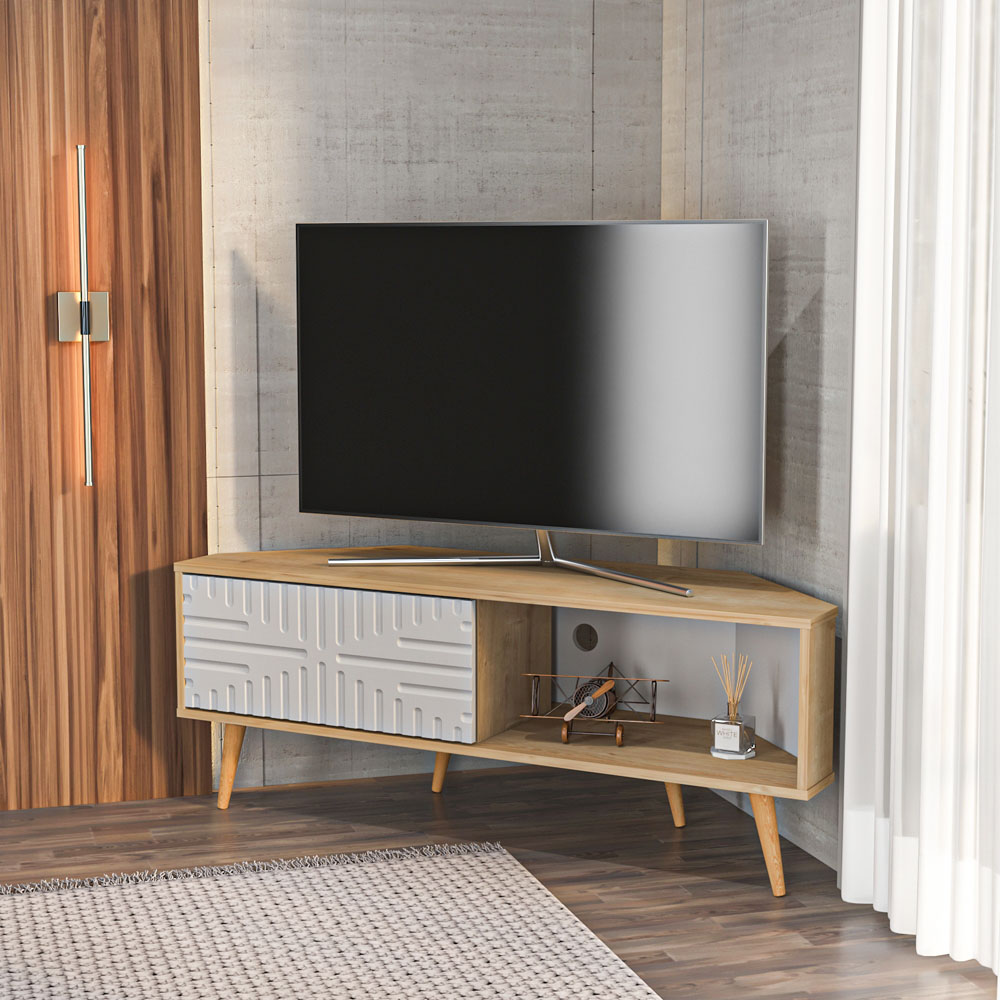 Decorotika Mora Single Sliding Door Sapphire Oak and White Corner TV Unit Image 6