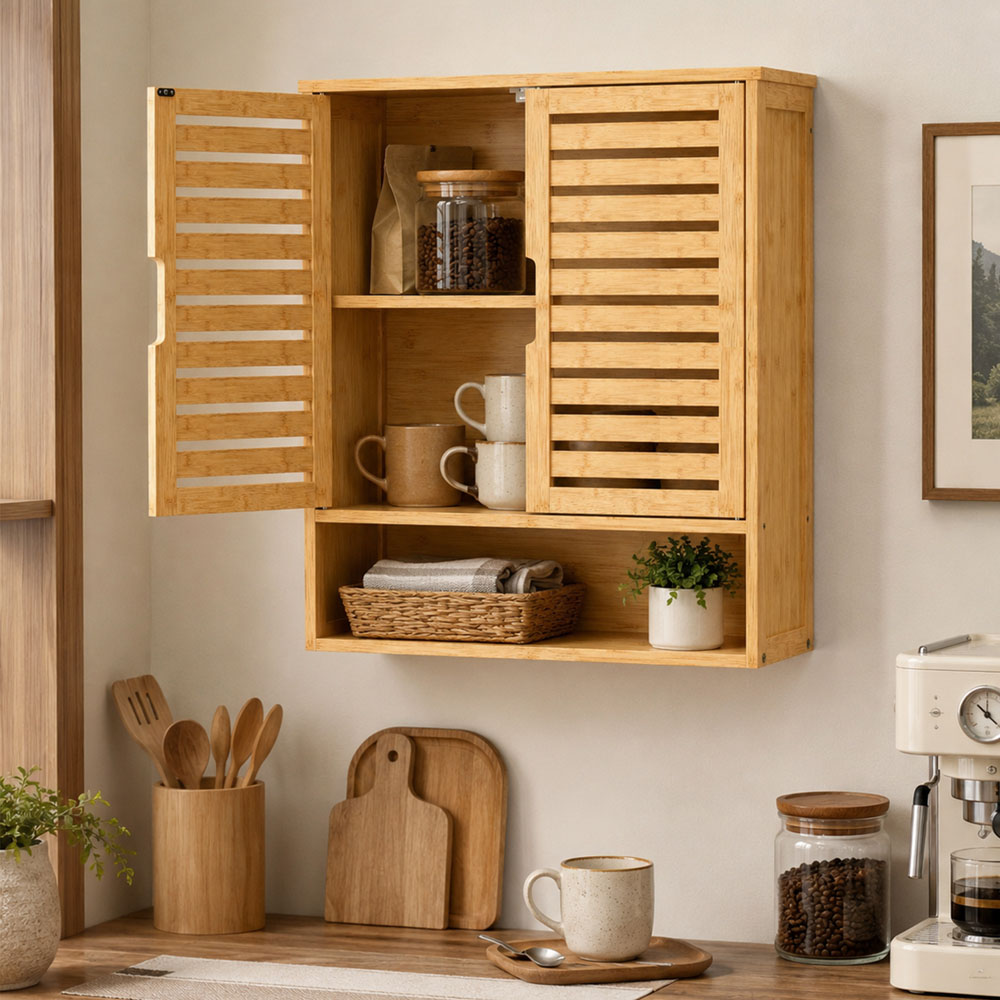 HOMCOM 2 Louvered Door Single Shelf Oak Wall-Mounted Bathroom Cabinet Image 3
