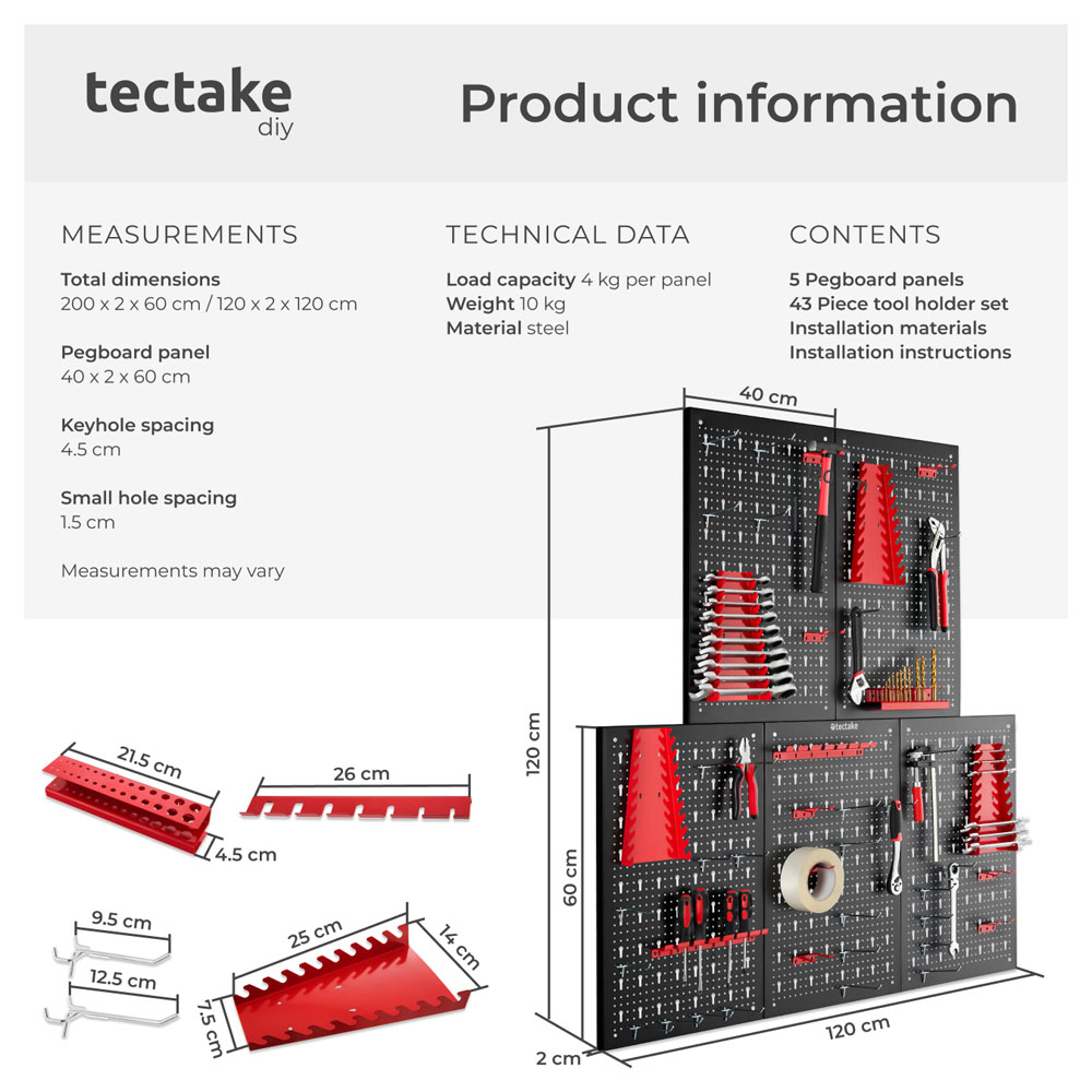 tectake Jonah 5 Panel Tool Pegboard Set with Hooks and Holders Image 8