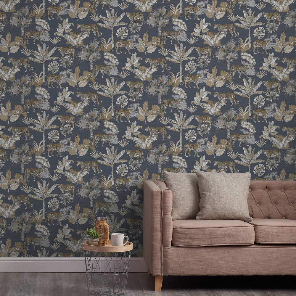 Grandeco Leopard Jungle Palm Linen Navy Textured Wallpaper Image 3