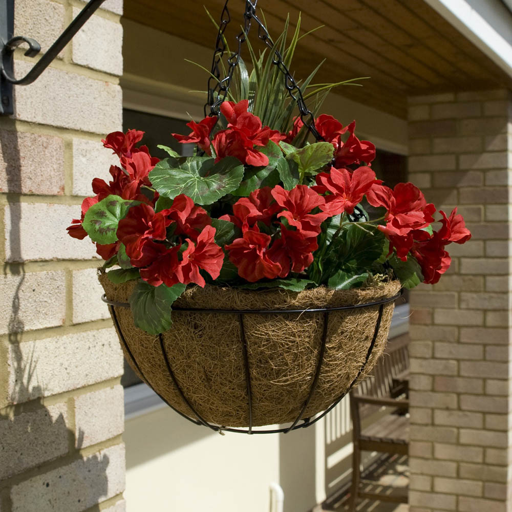 GreenBrokers Artificial Red Geraniums Round Coco Coir Hanging Plant Baskets 2 Pack Image 2