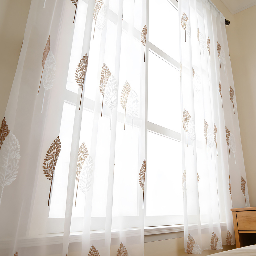 Living and Home Semi-Sheer Embroidered Leaf Curtains 130 x 180cm Image 1