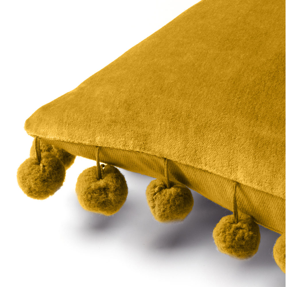 furn. Dora Ochre Velvet Pom Pom Cushion Image 4