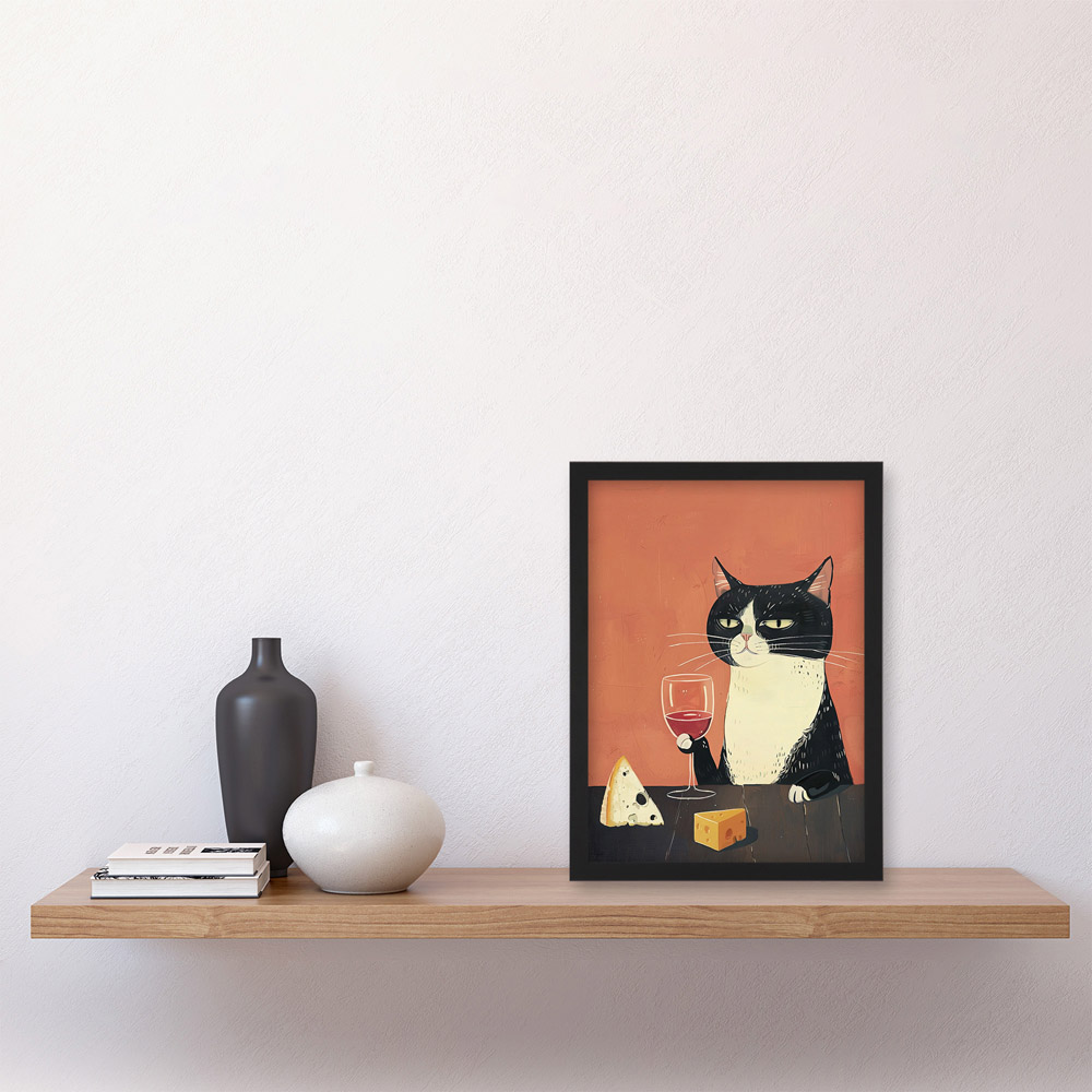 Artery8 Tuxedo Cat Wine Cheese Lover Framed Wall Art Print 21 x 29.7cm Image 2