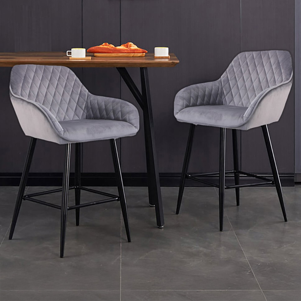 Neo Dark Grey Crushed Velvet Diamond Quilted Bar Stool Set of 2 Image 1