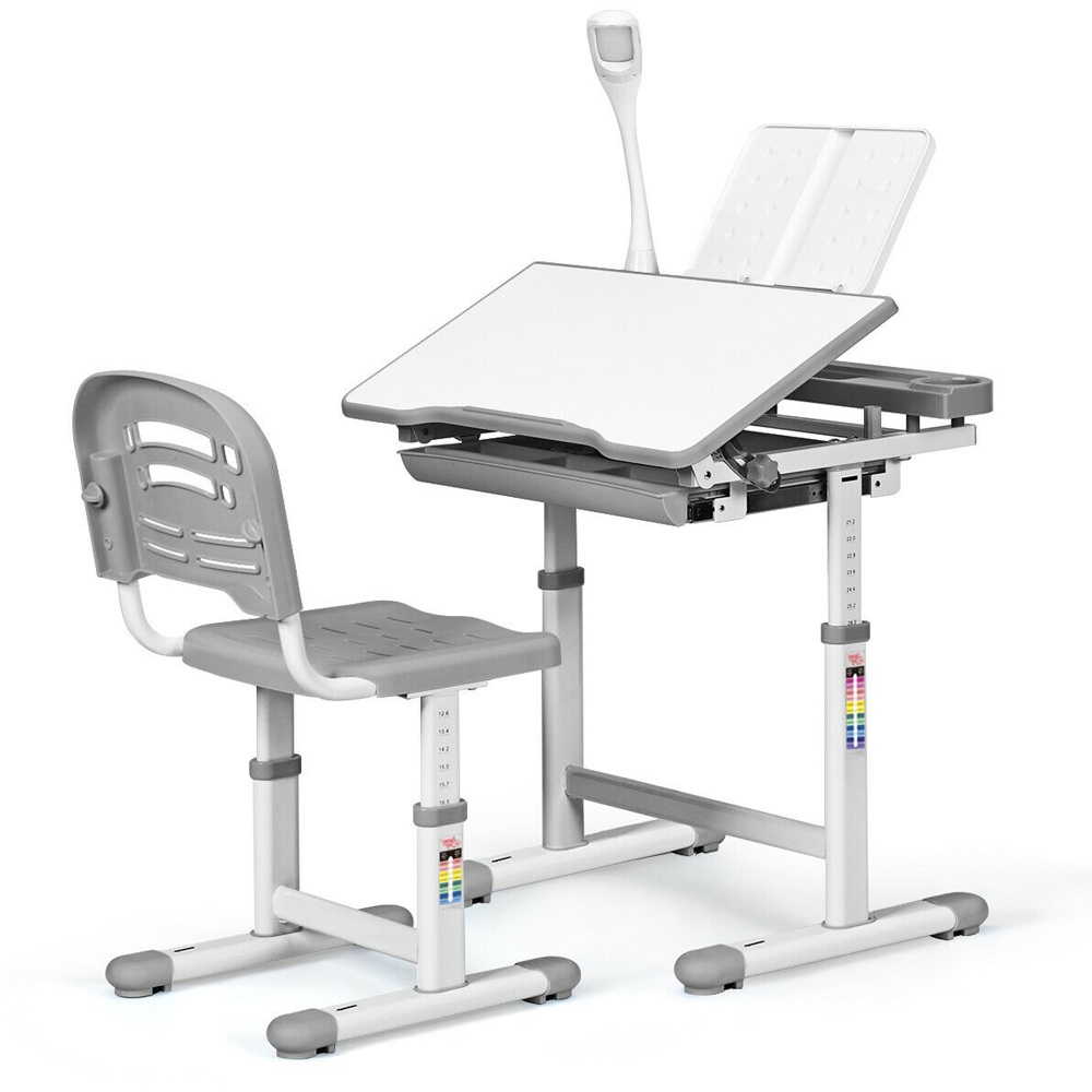 Costway Grey Height Adjustable Kids Desk and Chair Set with Lamp Image 2