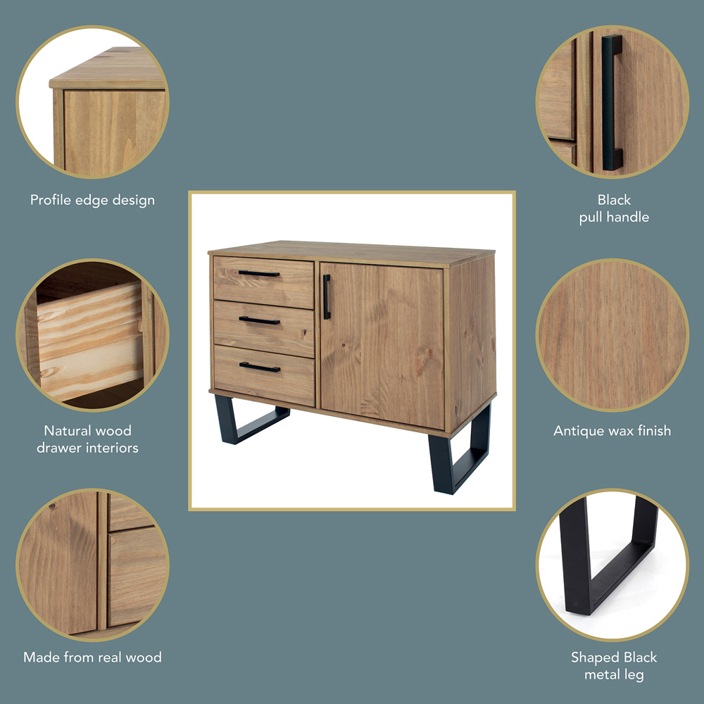 Core Products Texas Single Door 3 Drawers Antique Wax Pine Small Sideboard Image 7