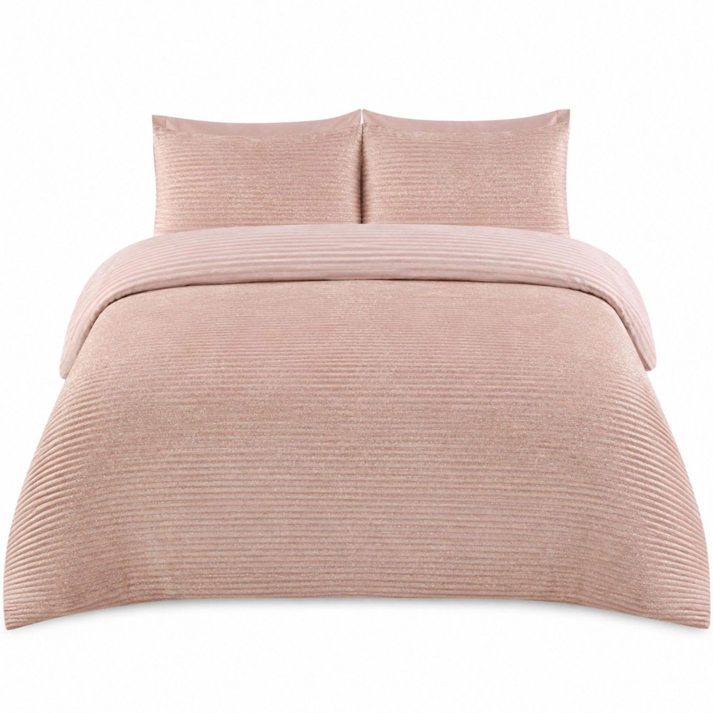 Smart Living Super King Size Blush Pink Sparkle Ribbed Fleece Reversible Duvet Cover Set Image 2